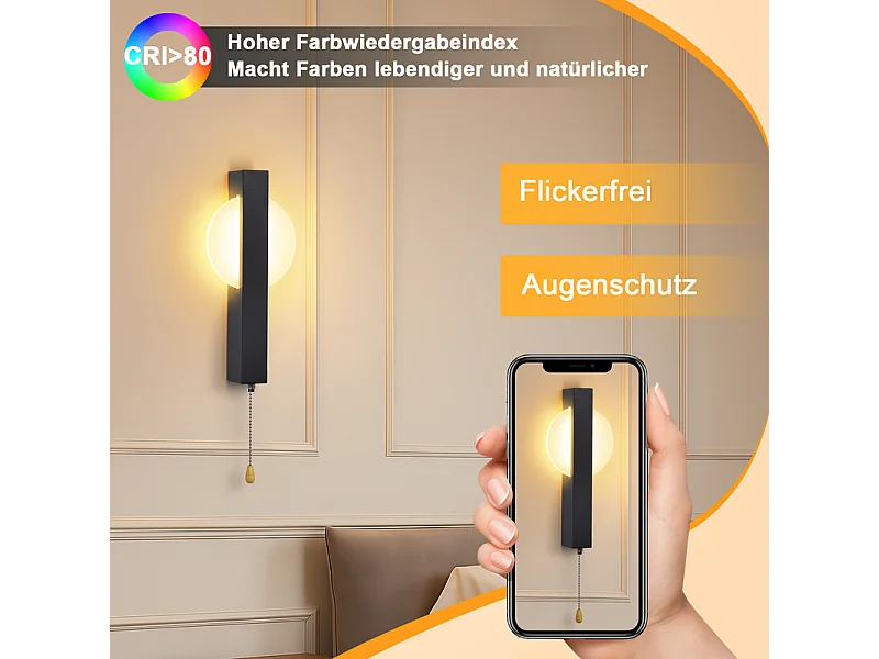 Applique murale LED Nettlife avec interrupteur - Lampe de couloir d'intérieur noire avec interrupteur à tirette, blanc chaud 3000 K, 6W