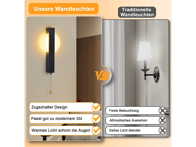 Applique murale LED Nettlife avec interrupteur - Lampe de couloir d'intérieur noire avec interrupteur à tirette, blanc chaud 3000 K, 6W