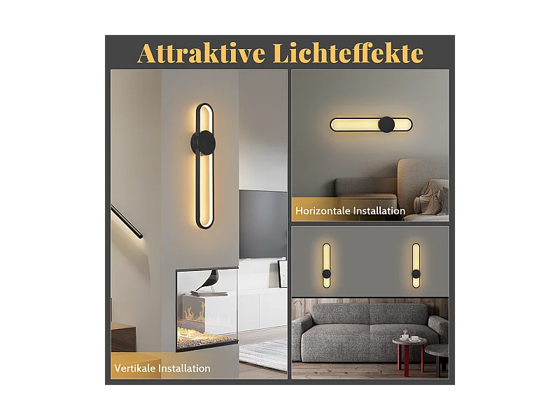 NETTLIFE Applique murale LED d'intérieur - 12W lampe d'escalier 60cm noir lampe de couloir design moderne 3000K