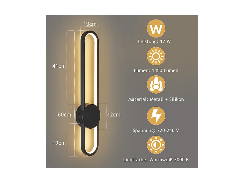 NETTLIFE Applique murale LED d'intérieur - 12W lampe d'escalier 60cm noir lampe de couloir design moderne 3000K