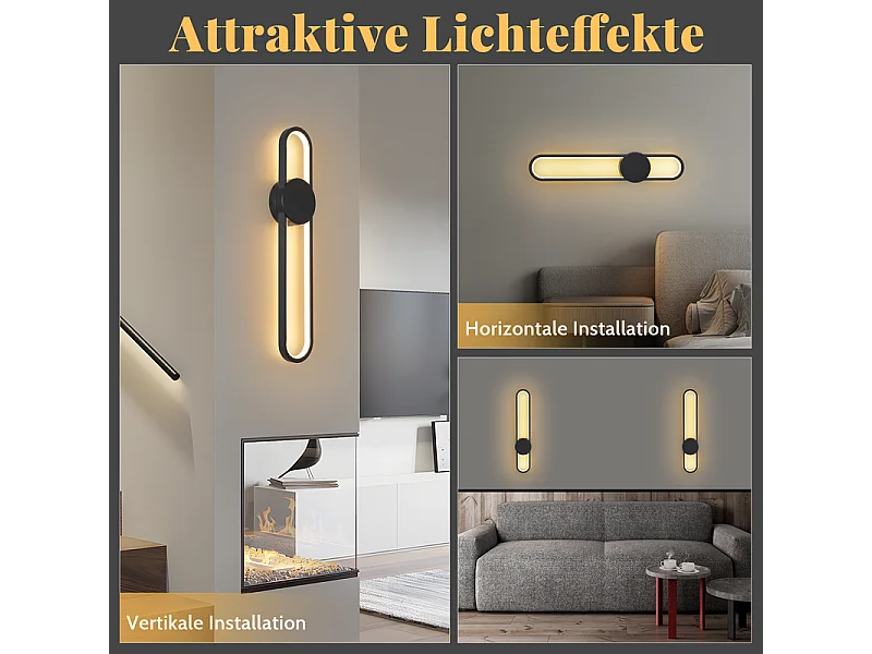 NETTLIFE Applique murale LED d'intérieur - 12W lampe d'escalier 60cm noir lampe de couloir design moderne 3000K
