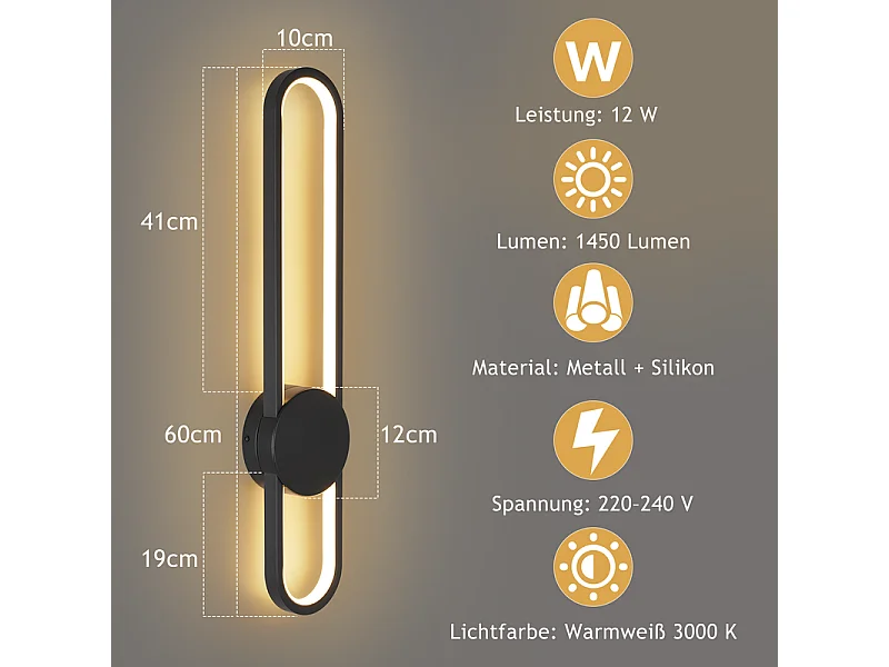 NETTLIFE Applique murale LED d'intérieur - 12W lampe d'escalier 60cm noir lampe de couloir design moderne 3000K