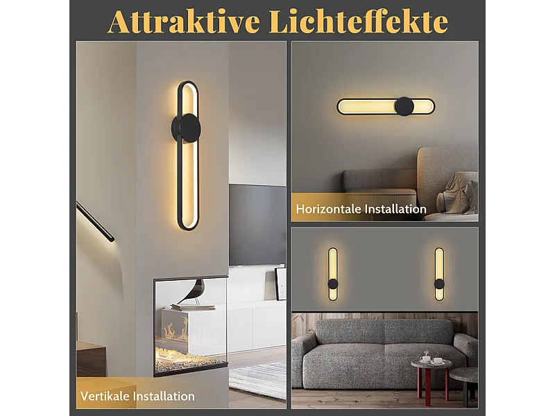 NETTLIFE Applique murale LED d'intérieur - 12W lampe d'escalier 60cm noir lampe de couloir design moderne 3000K
