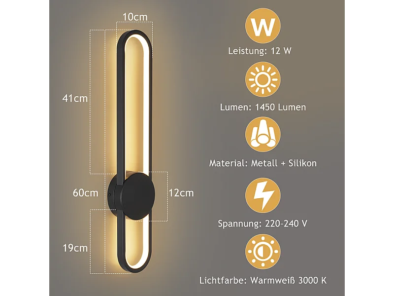 NETTLIFE Applique murale LED d'intérieur - 12W lampe d'escalier 60cm noir lampe de couloir design moderne 3000K