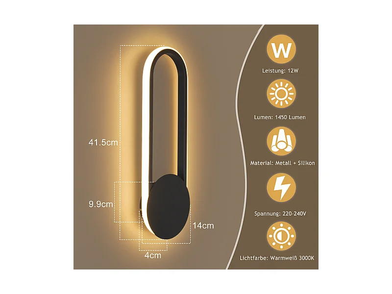 NETTLIFE Applique murale LED d'intérieur - 12W lampe d'escalier 41cm noir lampe de couloir design moderne 3000K