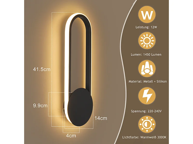 NETTLIFE Applique murale LED d'intérieur - 12W lampe d'escalier 41cm noir lampe de couloir design moderne 3000K