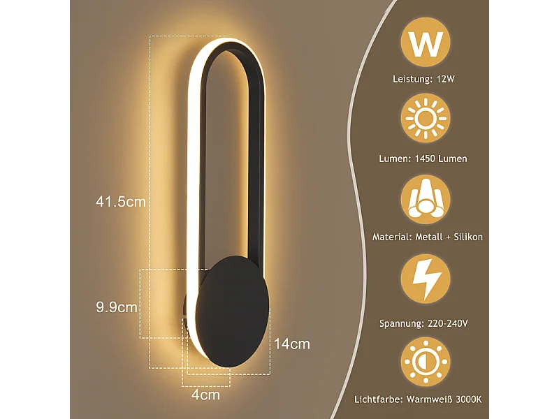 NETTLIFE Applique murale LED d'intérieur - 12W lampe d'escalier 41cm noir lampe de couloir design moderne 3000K
