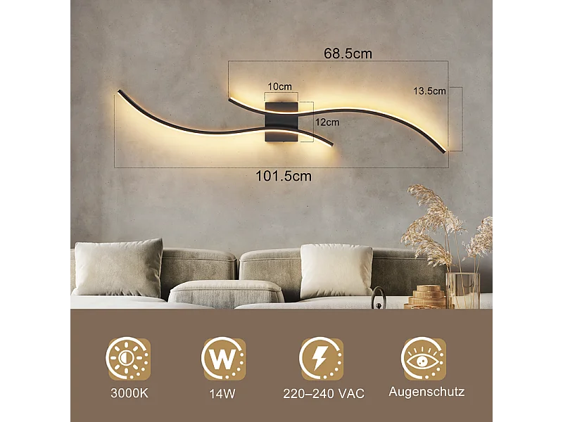 NETTLIFE Applique murale LED d'intérieur - 14W lampe de couloir 100CM lampe d'escalier noire design vague moderne 3000K