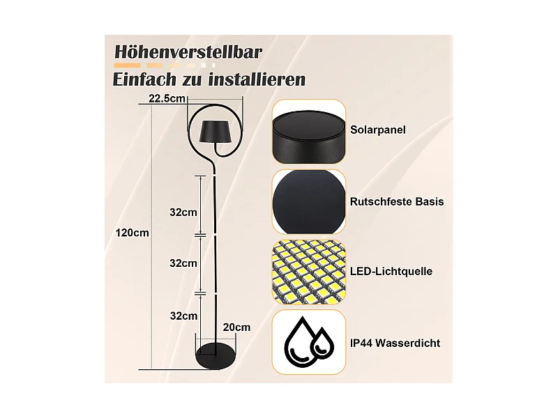 NETTLIFE Lampadaire LED salon dimmable 120cm : lampadaire solaire extérieur avec batterie rechargeable USB-C lampadaire sans fil hauteur réglable