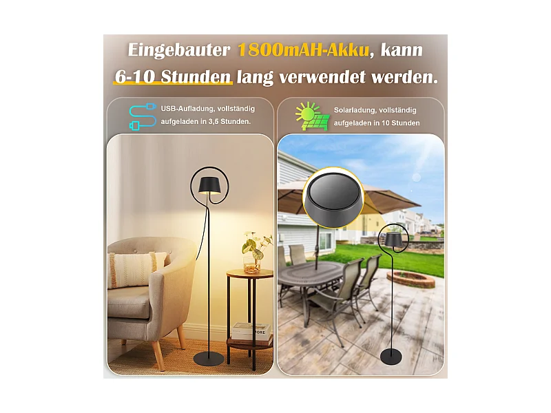 NETTLIFE Lampadaire LED salon dimmable 120cm : lampadaire solaire extérieur avec batterie rechargeable USB-C lampadaire sans fil hauteur réglable