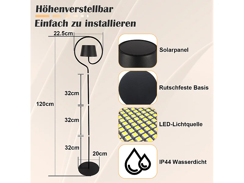 NETTLIFE Lampadaire LED salon dimmable 120cm : lampadaire solaire extérieur avec batterie rechargeable USB-C lampadaire sans fil hauteur réglable