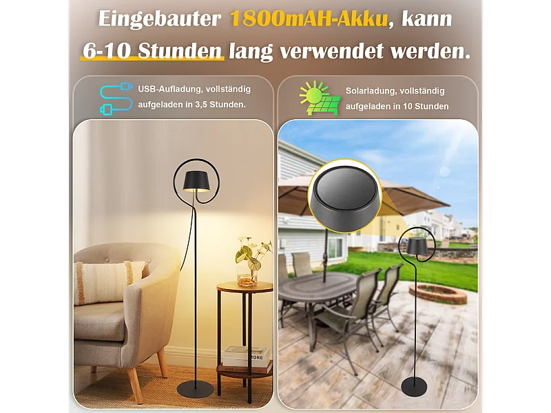 NETTLIFE Lampadaire LED salon dimmable 120cm : lampadaire solaire extérieur avec batterie rechargeable USB-C lampadaire sans fil hauteur réglable