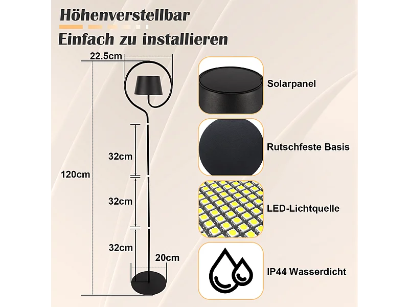 NETTLIFE Lampadaire LED salon dimmable 120cm : lampadaire solaire extérieur avec batterie rechargeable USB-C lampadaire sans fil hauteur réglable