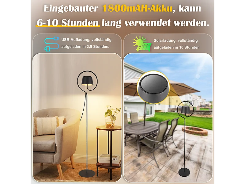 NETTLIFE Lampadaire LED salon dimmable 120cm : lampadaire solaire extérieur avec batterie rechargeable USB-C lampadaire sans fil hauteur réglable