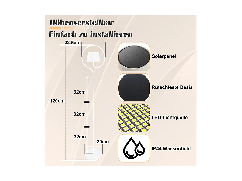 Lampadaire solaire d'extérieur NETTLIFE 120 cm à intensité variable : lampadaire LED pour salon avec batterie rechargeable USB-C, blanc, sans fil
