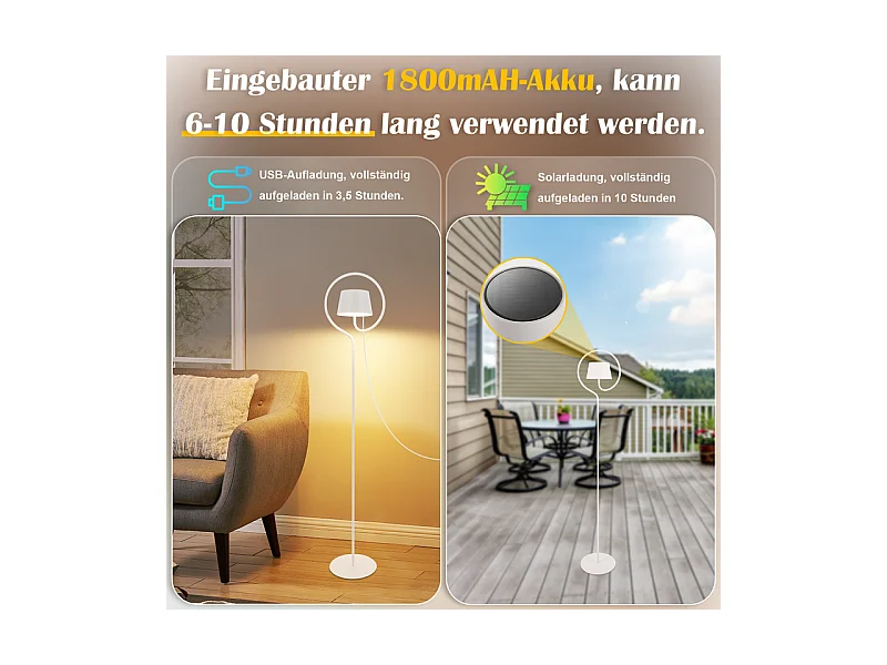 Lampadaire solaire d'extérieur NETTLIFE 120 cm à intensité variable : lampadaire LED pour salon avec batterie rechargeable USB-C, blanc, sans fil