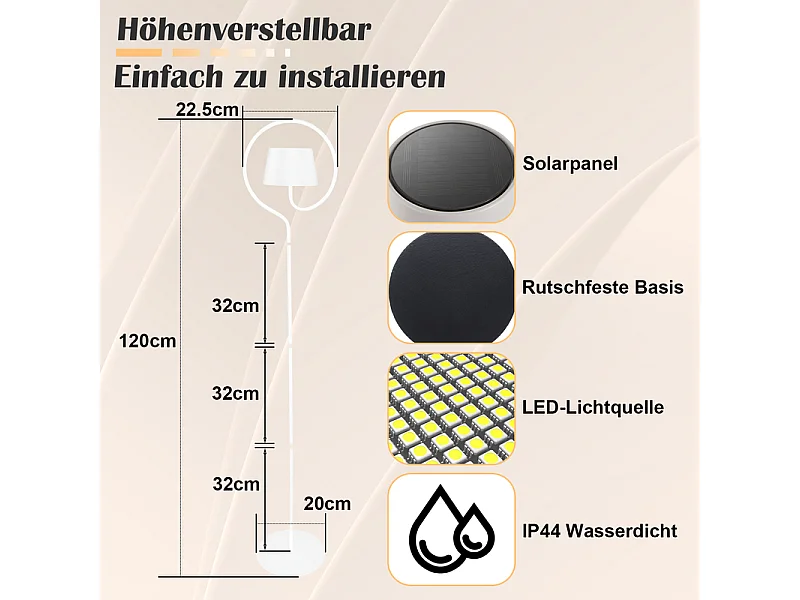 Lampadaire solaire d'extérieur NETTLIFE 120 cm à intensité variable : lampadaire LED pour salon avec batterie rechargeable USB-C, blanc, sans fil