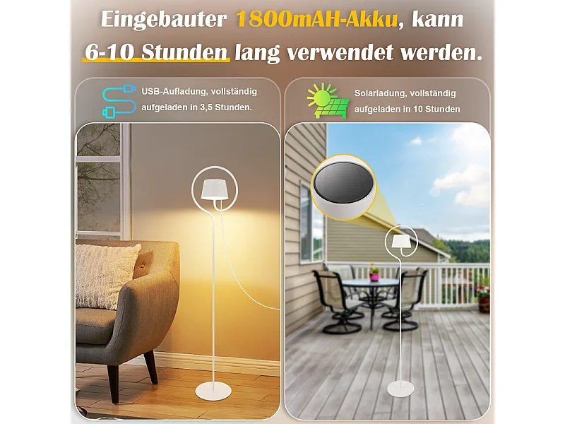 Lampadaire solaire d'extérieur NETTLIFE 120 cm à intensité variable : lampadaire LED pour salon avec batterie rechargeable USB-C, blanc, sans fil