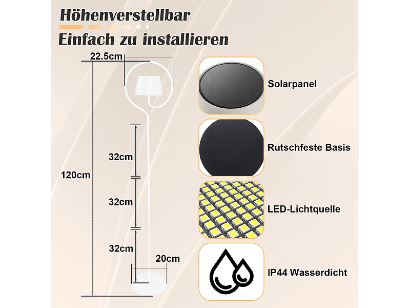 Lampadaire solaire d'extérieur NETTLIFE 120 cm à intensité variable : lampadaire LED pour salon avec batterie rechargeable USB-C, blanc, sans fil