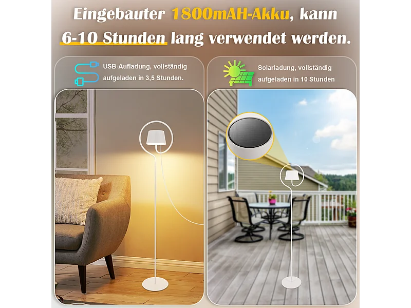 Lampadaire solaire d'extérieur NETTLIFE 120 cm à intensité variable : lampadaire LED pour salon avec batterie rechargeable USB-C, blanc, sans fil