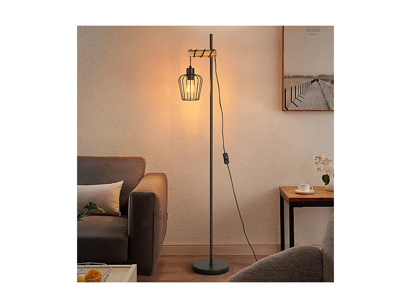 NETTLIFE Lampadaire de salon en bois Lampe de sol vintage : Lampe de salon noire Lampadaire sur pied au Douille E27 146 cm (sans ampoule)