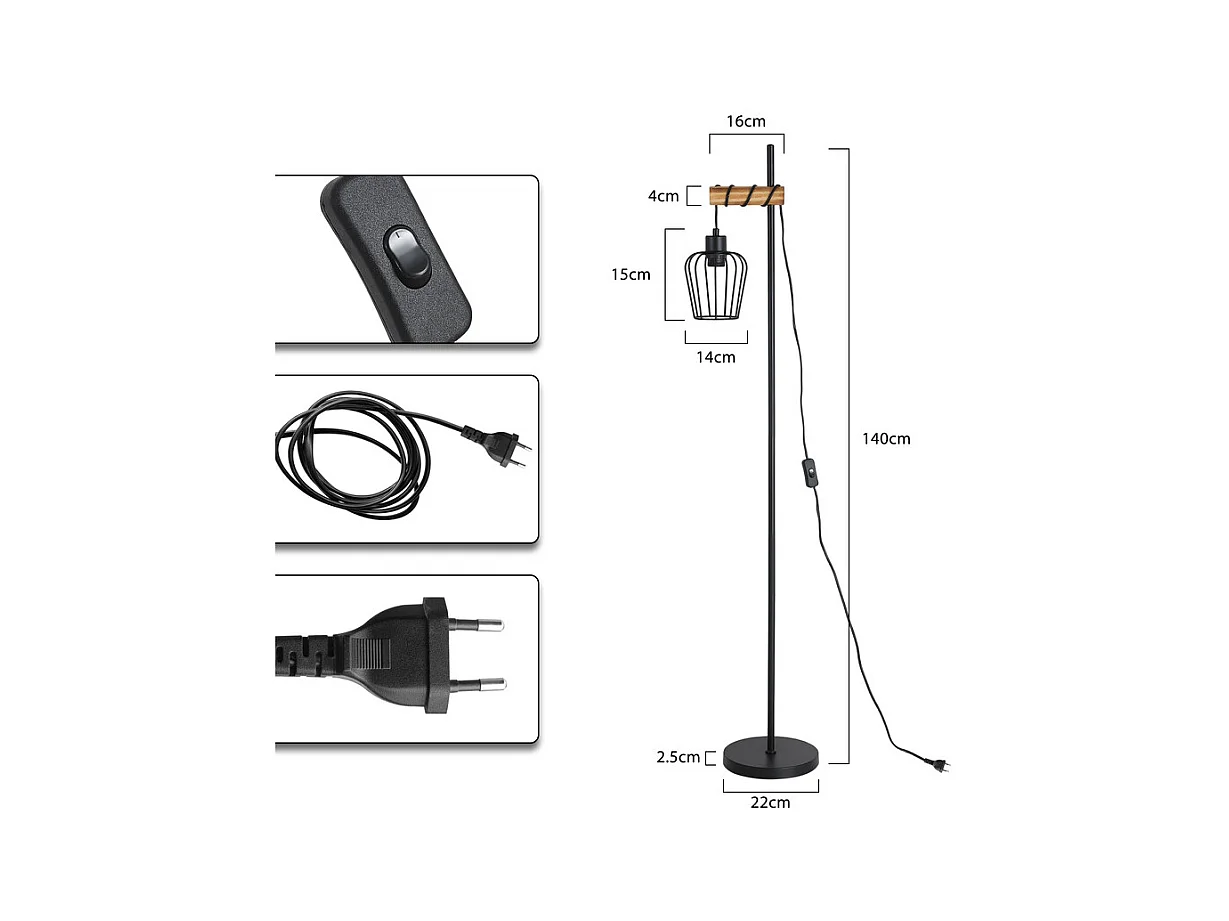 NETTLIFE Lampadaire de salon en bois Lampe de sol vintage : Lampe de salon noire Lampadaire sur pied au Douille E27 146 cm (sans ampoule)