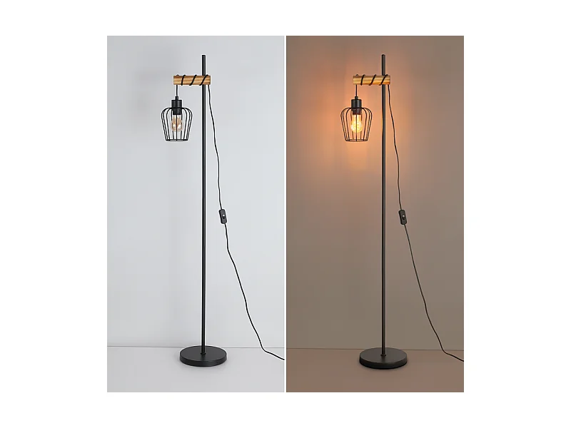 NETTLIFE Lampadaire de salon en bois Lampe de sol vintage : Lampe de salon noire Lampadaire sur pied au Douille E27 146 cm (sans ampoule)