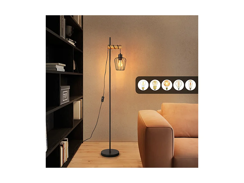 NETTLIFE Lampadaire de salon en bois Lampe de sol vintage : Lampe de salon noire Lampadaire sur pied au Douille E27 146 cm (sans ampoule)