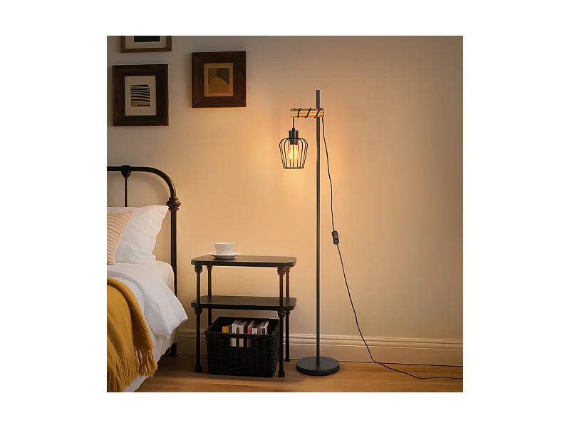 NETTLIFE Lampadaire de salon en bois Lampe de sol vintage : Lampe de salon noire Lampadaire sur pied au Douille E27 146 cm (sans ampoule)