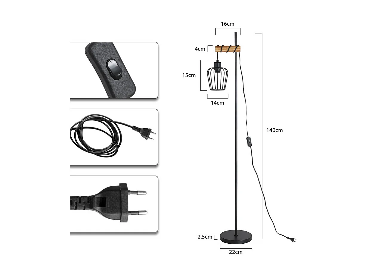 NETTLIFE Lampadaire de salon en bois Lampe de sol vintage : Lampe de salon noire Lampadaire sur pied au Douille E27 146 cm (sans ampoule)