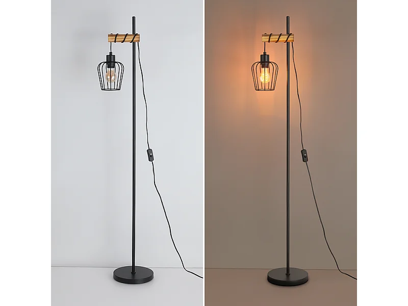 NETTLIFE Lampadaire de salon en bois Lampe de sol vintage : Lampe de salon noire Lampadaire sur pied au Douille E27 146 cm (sans ampoule)