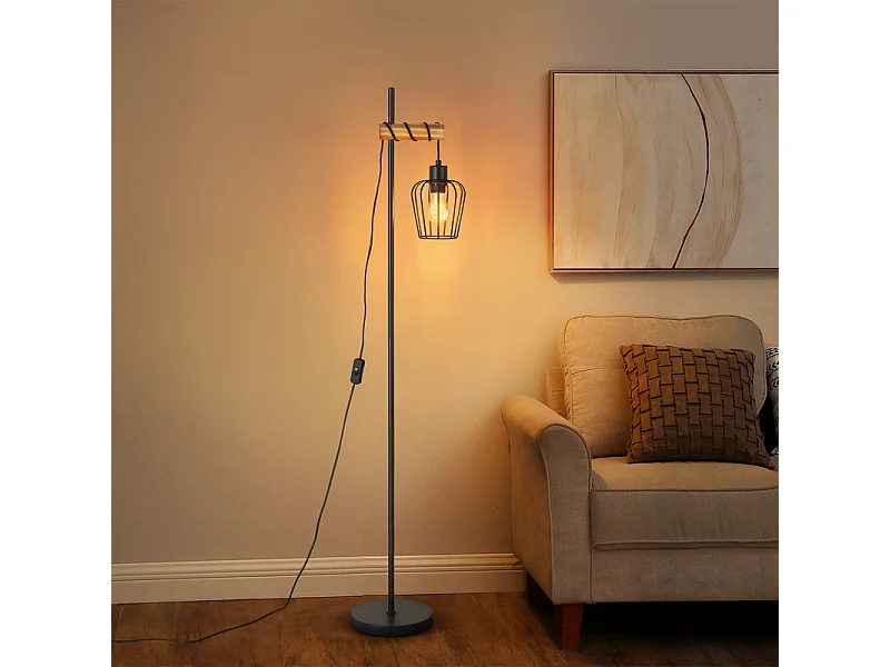 NETTLIFE Lampadaire de salon en bois Lampe de sol vintage : Lampe de salon noire Lampadaire sur pied au Douille E27 146 cm (sans ampoule)