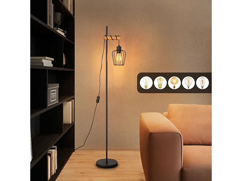 NETTLIFE Lampadaire de salon en bois Lampe de sol vintage : Lampe de salon noire Lampadaire sur pied au Douille E27 146 cm (sans ampoule)