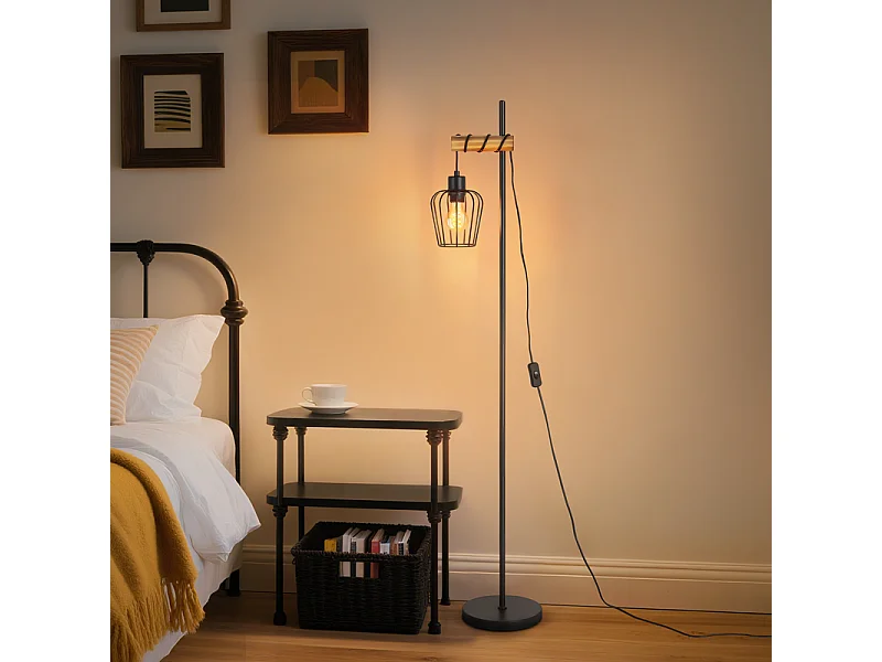 NETTLIFE Lampadaire de salon en bois Lampe de sol vintage : Lampe de salon noire Lampadaire sur pied au Douille E27 146 cm (sans ampoule)