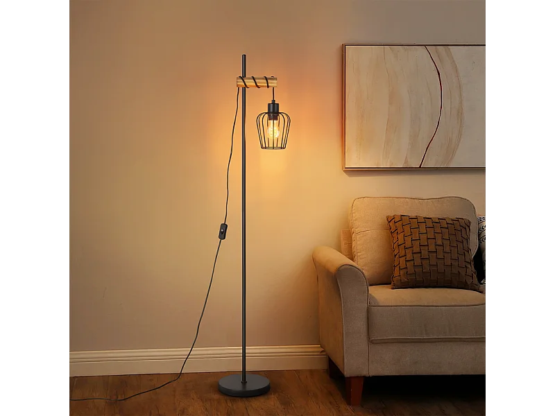 NETTLIFE Lampadaire de salon en bois Lampe de sol vintage : Lampe de salon noire Lampadaire sur pied au Douille E27 146 cm (sans ampoule)