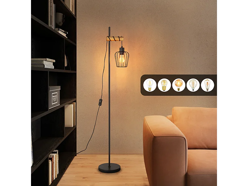 NETTLIFE Lampadaire de salon en bois Lampe de sol vintage : Lampe de salon noire Lampadaire sur pied au Douille E27 146 cm (sans ampoule)
