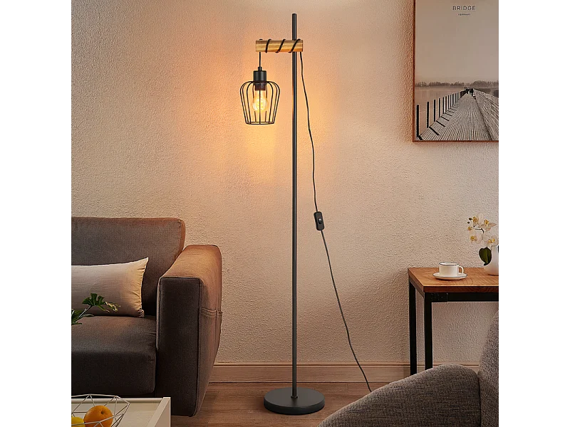 NETTLIFE Lampadaire de salon en bois Lampe de sol vintage : Lampe de salon noire Lampadaire sur pied au Douille E27 146 cm (sans ampoule)