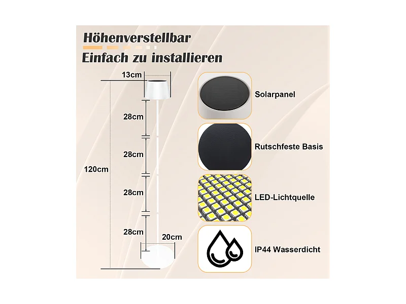 Lampadaire solaire d'extérieur NETTLIFE 120 cm : Lampadaire LED à intensité variable avec batterie rechargeable USB-C, blanc, hauteur réglable