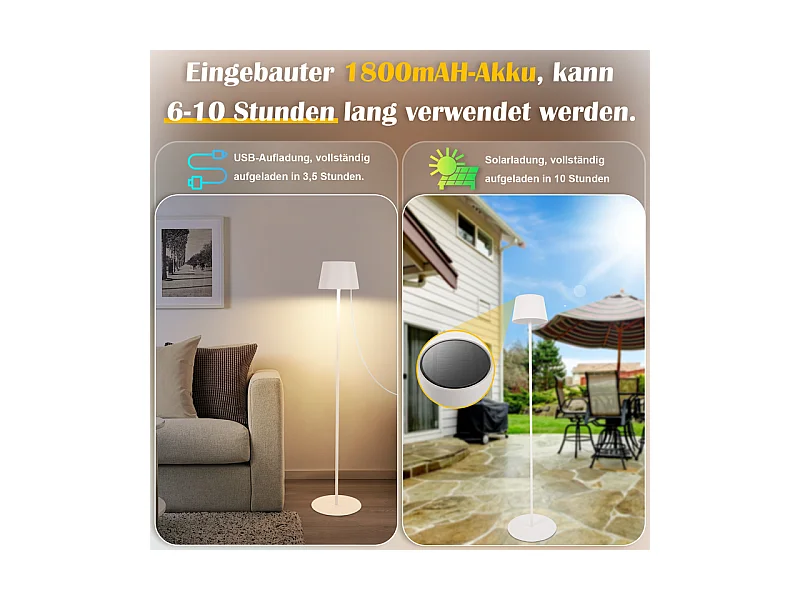 Lampadaire solaire d'extérieur NETTLIFE 120 cm : Lampadaire LED à intensité variable avec batterie rechargeable USB-C, blanc, hauteur réglable