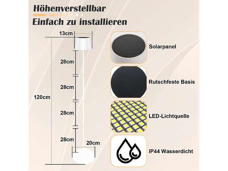 Lampadaire solaire d'extérieur NETTLIFE 120 cm : Lampadaire LED à intensité variable avec batterie rechargeable USB-C, blanc, hauteur réglable