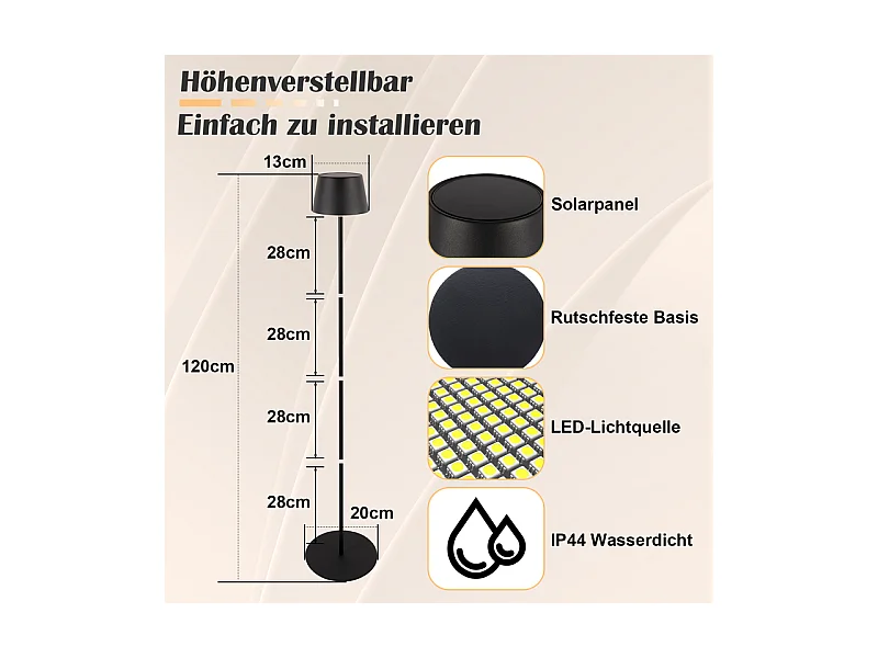 Lampadaire LED NETTLIFE salon 120cm : Lampadaire solaire extérieur tactile dimmable 3000K-6500K avec batterie rechargeable USB-C hauteur réglable