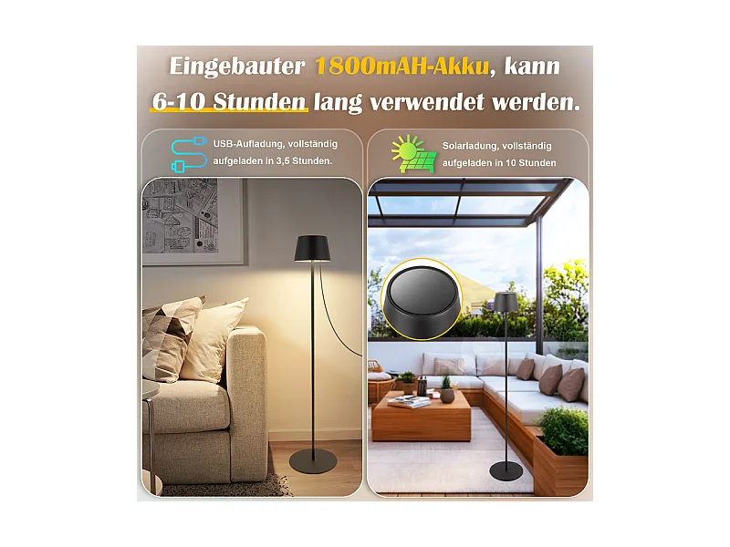 Lampadaire LED NETTLIFE salon 120cm : Lampadaire solaire extérieur tactile dimmable 3000K-6500K avec batterie rechargeable USB-C hauteur réglable