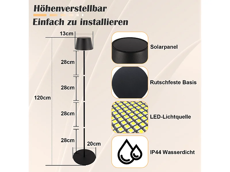 Lampadaire LED NETTLIFE salon 120cm : Lampadaire solaire extérieur tactile dimmable 3000K-6500K avec batterie rechargeable USB-C hauteur réglable