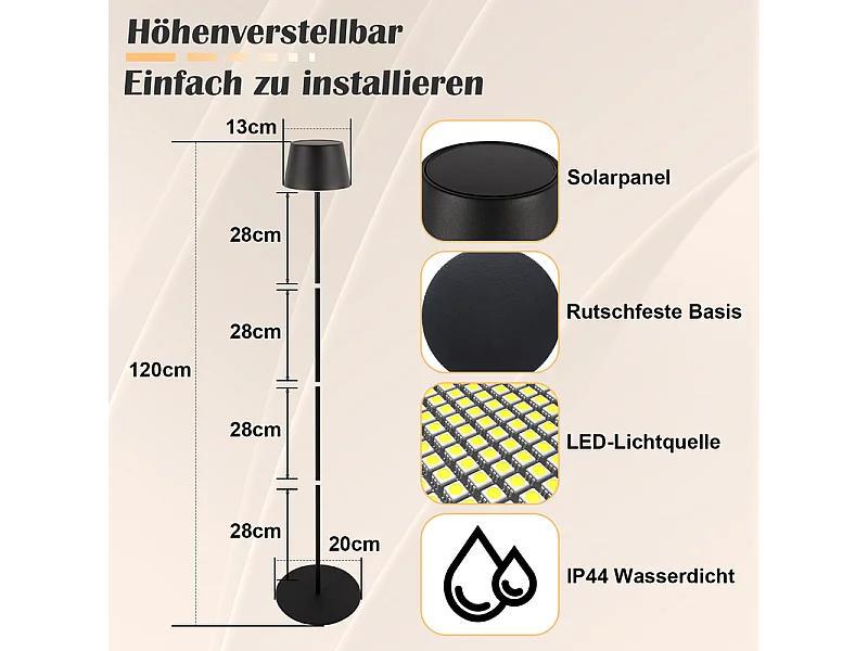 Lampadaire LED NETTLIFE salon 120cm : Lampadaire solaire extérieur tactile dimmable 3000K-6500K avec batterie rechargeable USB-C hauteur réglable