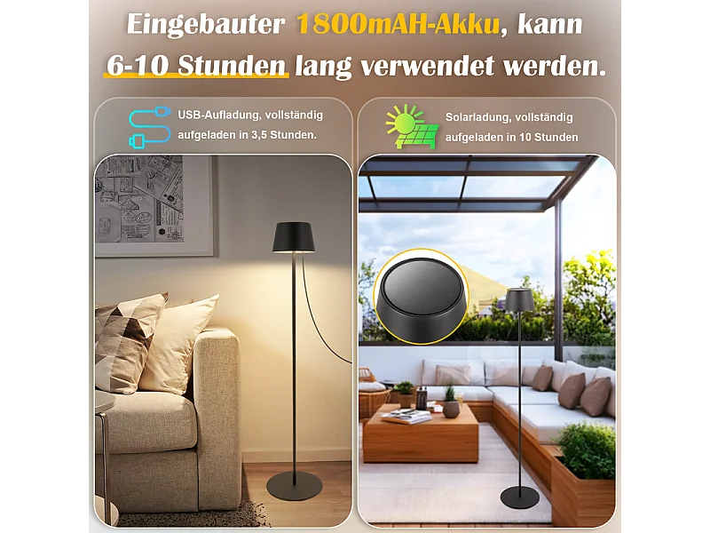 Lampadaire LED NETTLIFE salon 120cm : Lampadaire solaire extérieur tactile dimmable 3000K-6500K avec batterie rechargeable USB-C hauteur réglable
