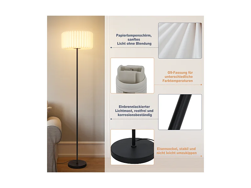 NETTLIFE Lampadaire vintage lampadaire salon - lampadaire abat-jour papier blanc lampadaire salon lampe G9