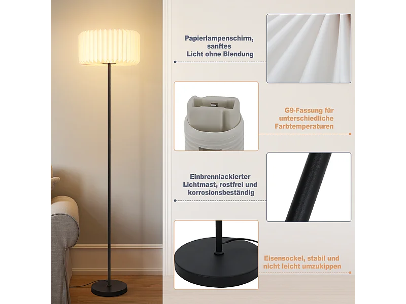 NETTLIFE Lampadaire vintage lampadaire salon - lampadaire abat-jour papier blanc lampadaire salon lampe G9