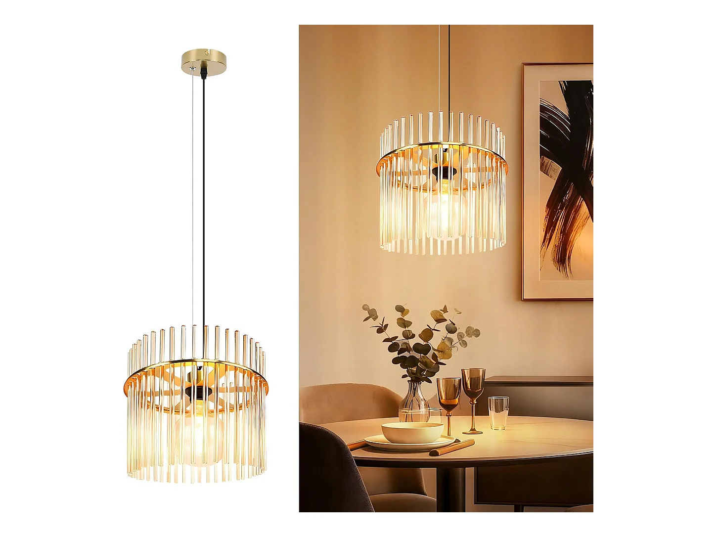 Nettlife Suspension Dorée Rétro, Lampe Verre, Douille E27, Ø 30 cm, pour Cuisine et Café (sans ampoule).