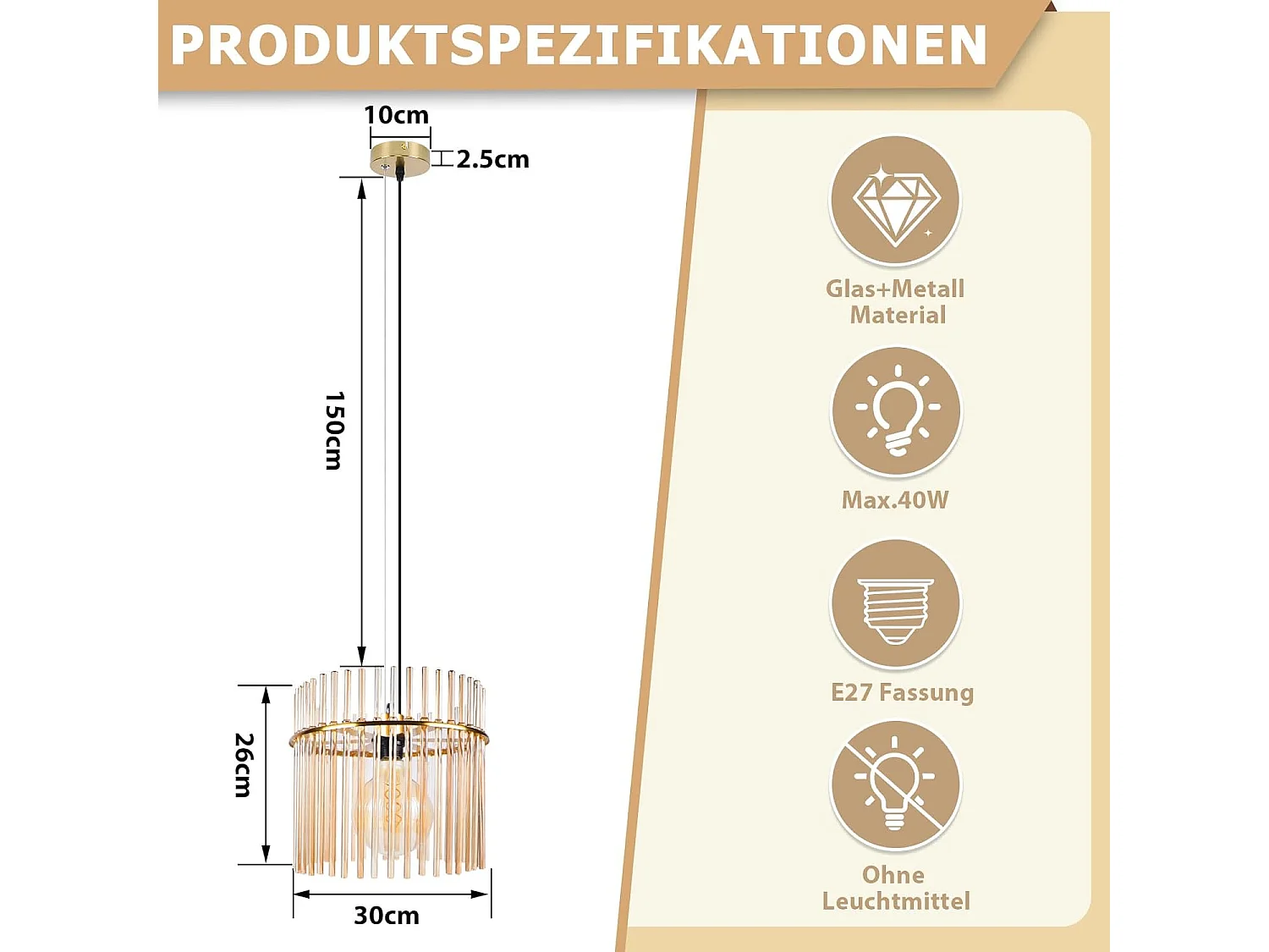 Nettlife Suspension Dorée Rétro, Lampe Verre, Douille E27, Ø 30 cm, pour Cuisine et Café (sans ampoule).