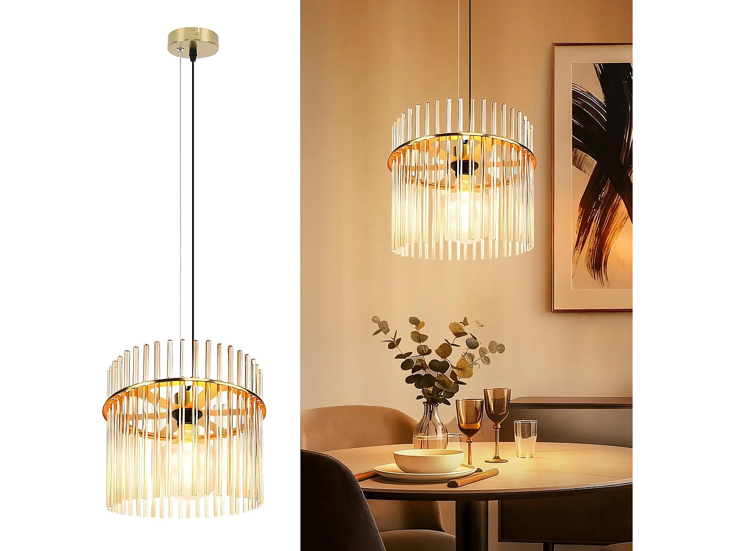 Lampa wisząca Nettlife Retro Gold, szklana, z gniazdem E27, Ø 30 cm, do kuchni i kawiarni (żarówka nie jest dołączona).